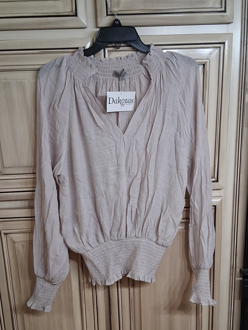 Dakota Beige Smocked-Waist Long Sleeve Women's Top Size - L